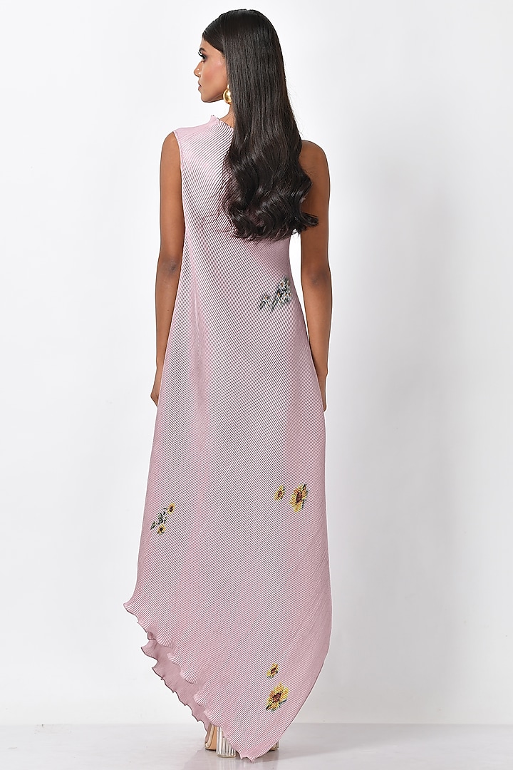 Lavender-Pink Pleated Polyester Printed One-Shoulder Vacation Dress by Kiran Uttam Ghosh at Pernia's Pop Up Shop