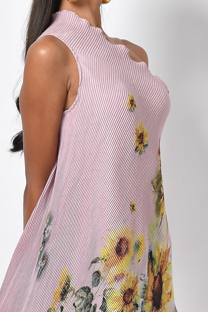 Lavender-Pink Pleated Polyester Printed One-Shoulder Vacation Dress by Kiran Uttam Ghosh at Pernia's Pop Up Shop