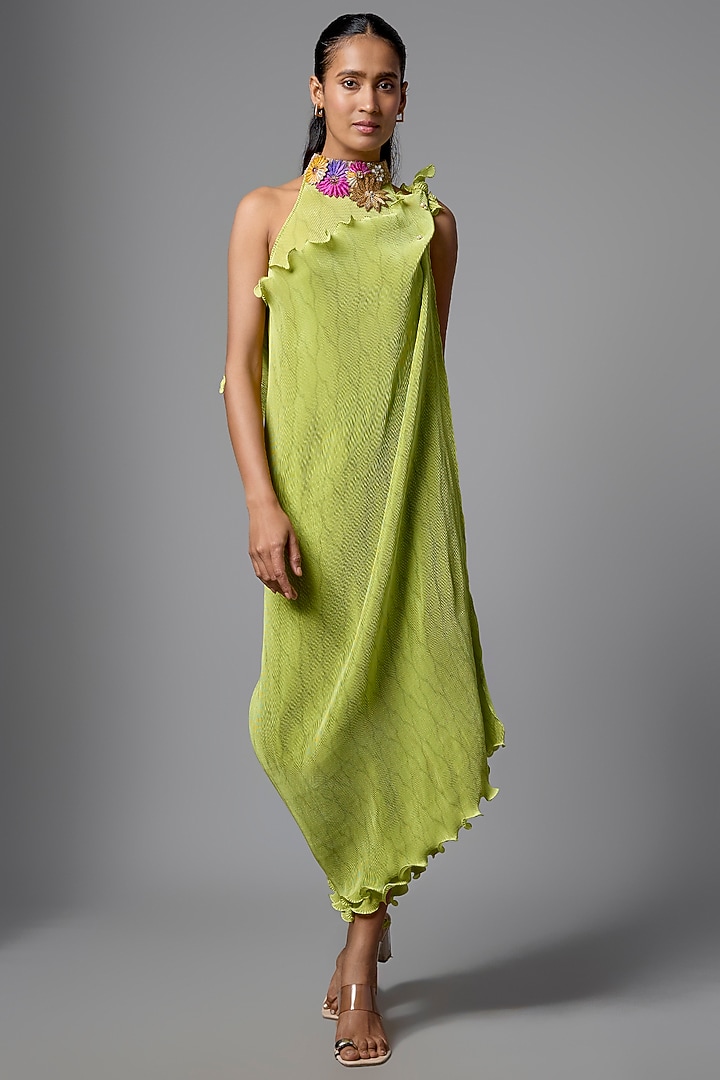 Lime Pleated Polyester Cocktail Dress by Kiran Uttam Ghosh at Pernia's Pop Up Shop