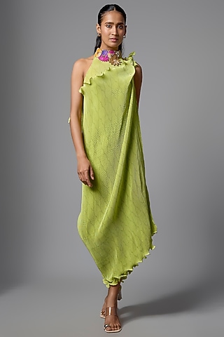 Lime Pleated Polyester Dress by Kiran Uttam Ghosh