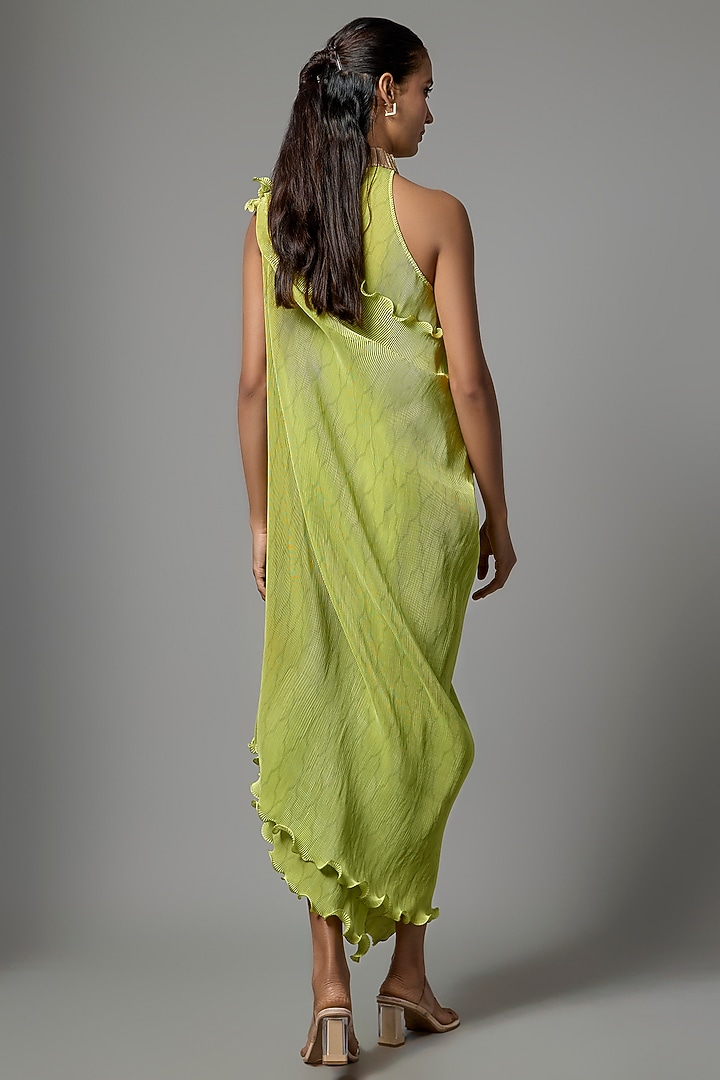 Lime Pleated Polyester Cocktail Dress by Kiran Uttam Ghosh at Pernia's Pop Up Shop