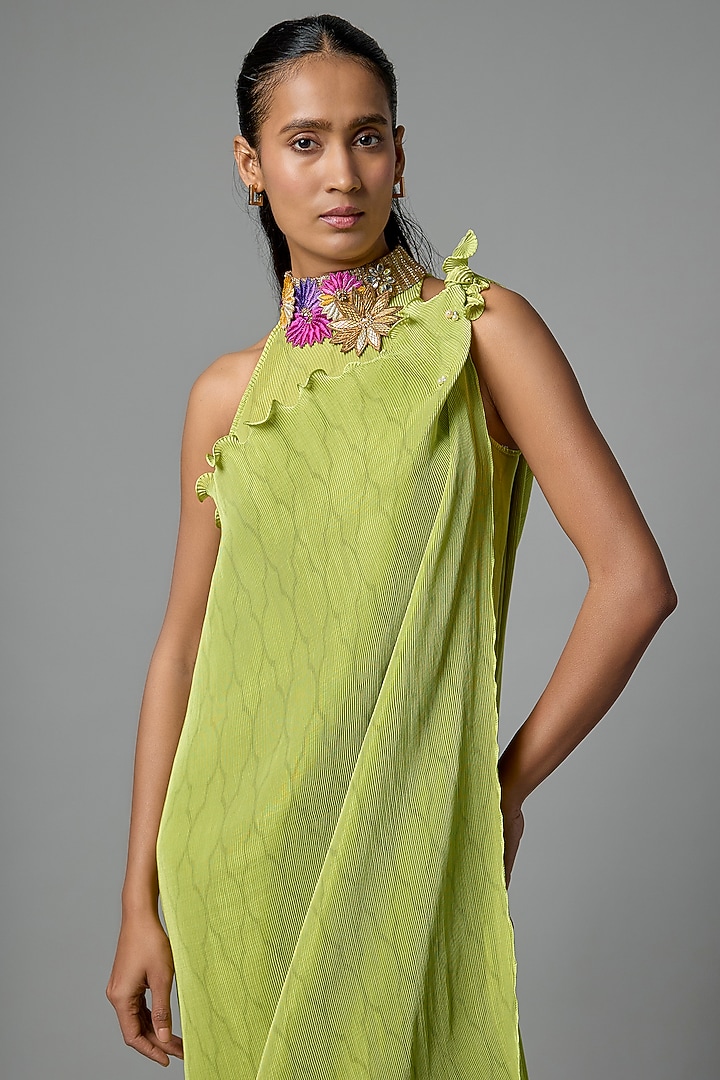 Lime Pleated Polyester Cocktail Dress by Kiran Uttam Ghosh at Pernia's Pop Up Shop
