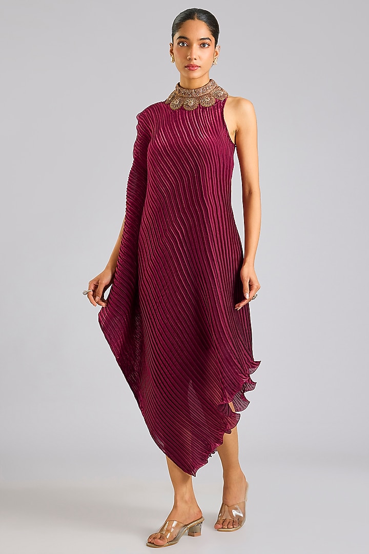 Merlot Red Polyester Cocktail Dress by Kiran Uttam Ghosh at Pernia's Pop Up Shop