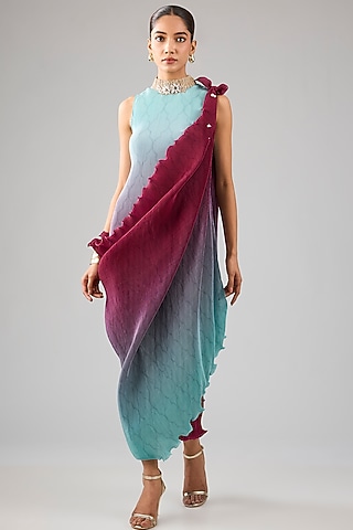 Powder Blue & Merlot Ombre Pleated Polyester Printed Draped Dress by Kiran Uttam Ghosh