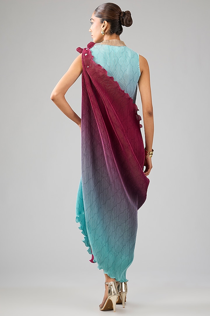 Powder Blue & Merlot Ombre Pleated Polyester Printed Draped Cocktail Dress by Kiran Uttam Ghosh at Pernia's Pop Up Shop