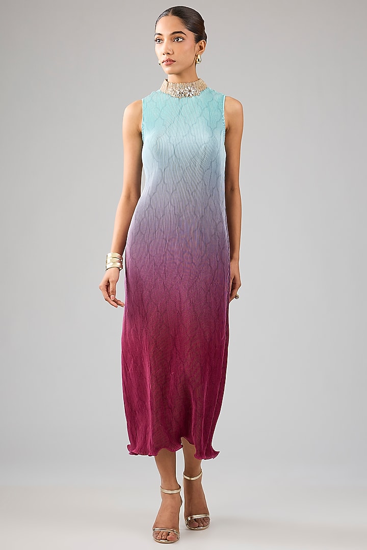 Powder Blue & Merlot Ombre Pleated Polyester Printed Draped Cocktail Dress by Kiran Uttam Ghosh at Pernia's Pop Up Shop