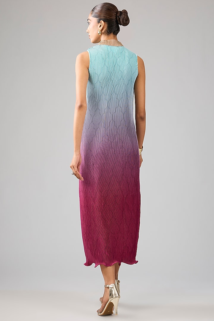 Powder Blue & Merlot Ombre Pleated Polyester Printed Draped Cocktail Dress by Kiran Uttam Ghosh at Pernia's Pop Up Shop