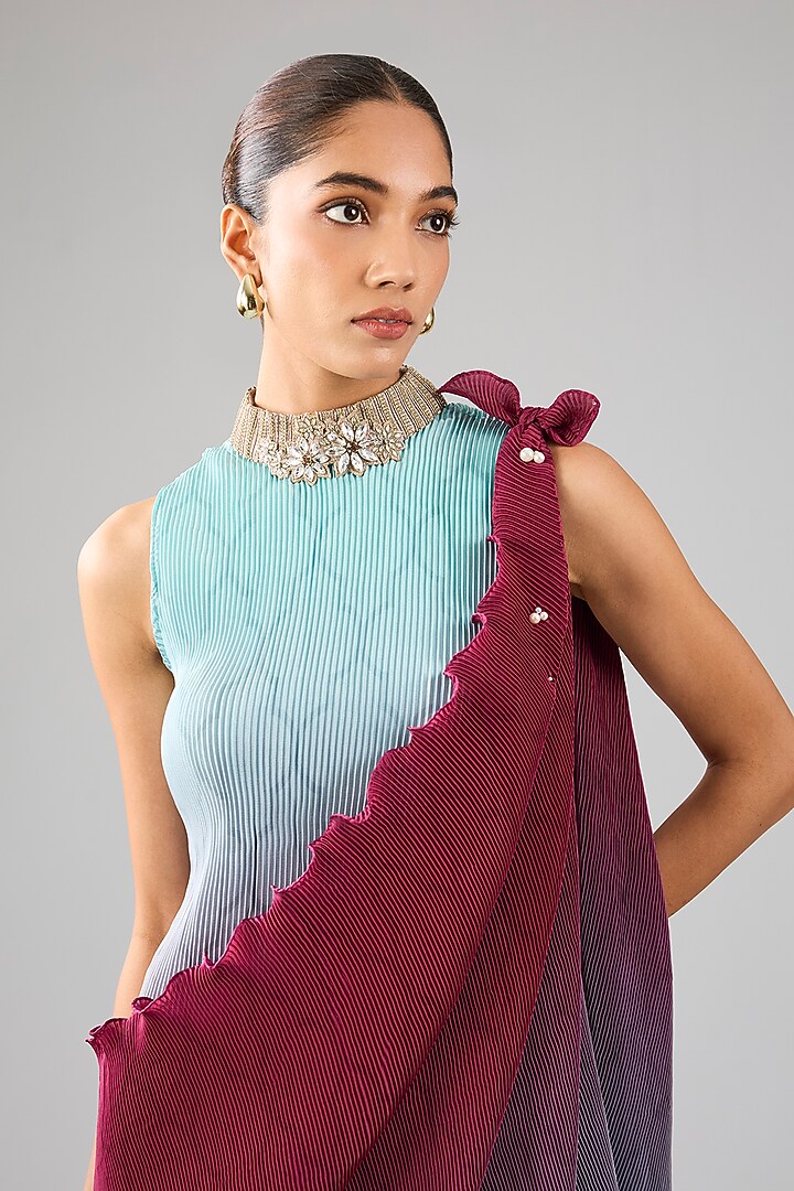 Powder Blue & Merlot Ombre Pleated Polyester Printed Draped Cocktail Dress by Kiran Uttam Ghosh at Pernia's Pop Up Shop