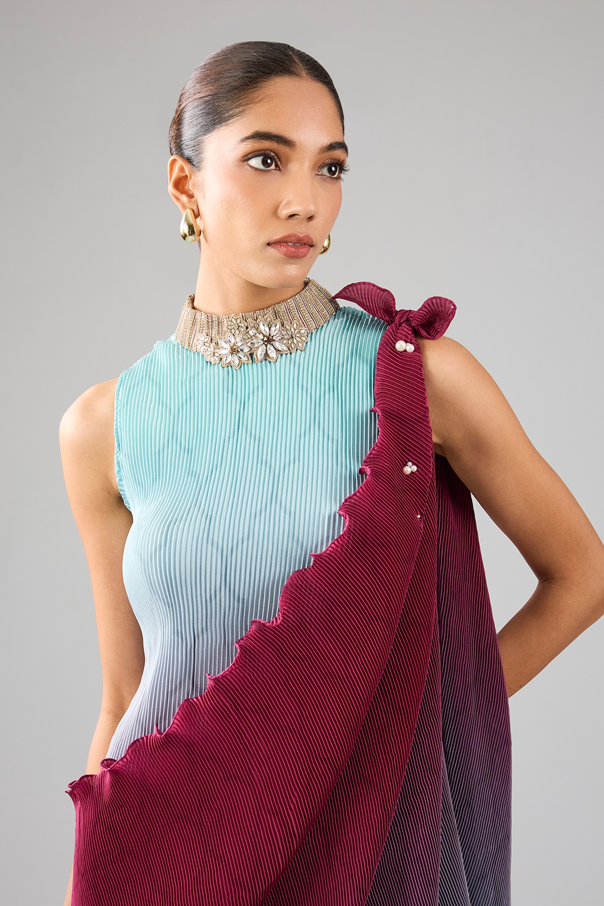 Powder Blue & Merlot Ombre Pleated Polyester Printed Draped Cocktail Dress by Kiran Uttam Ghosh at Pernia's Pop Up Shop 2026 Powder Blue & Merlot Ombre Pleated Polyester Printed Draped Cocktail Dress by Kiran Uttam Ghosh at Pernia's Pop Up Shop 2026