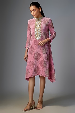 Light Pink Pleated Polyester Kurta by Kiran Uttam Ghosh