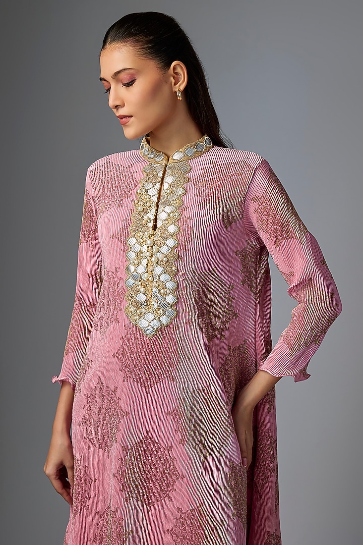 Light Pink Pleated Polyester Kurta by Kiran Uttam Ghosh at Pernia's Pop Up Shop