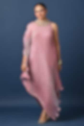 Pink Pleated Polyester Fabric Hand Embroidered Kurta by Kiran Uttam Ghosh at Pernia's Pop Up Shop