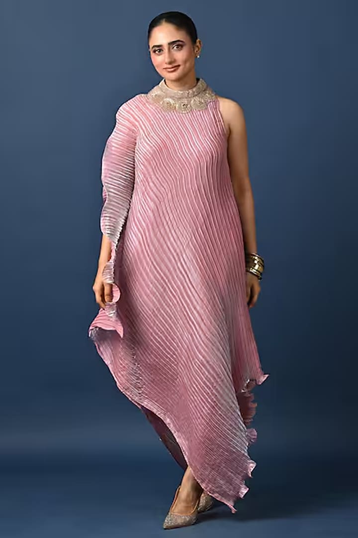 Pink Pleated Polyester Fabric Hand Embroidered Kurta by Kiran Uttam Ghosh at Pernia's Pop Up Shop