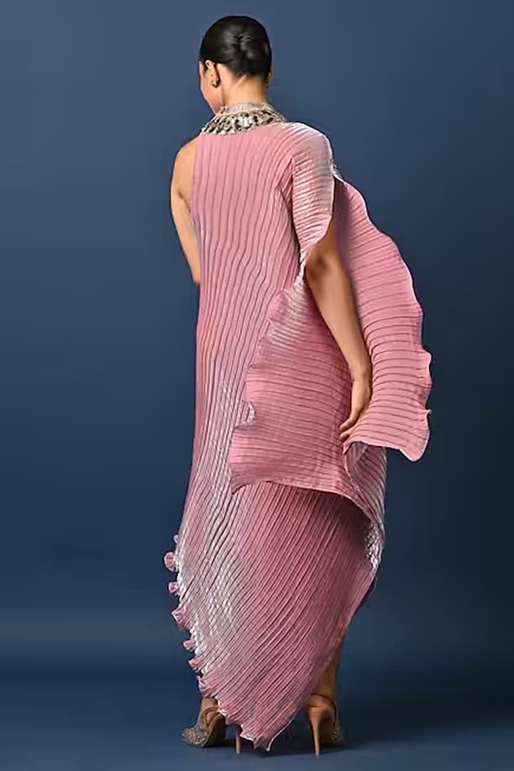 Pink Pleated Polyester Fabric Hand Embroidered Kurta by Kiran Uttam Ghosh at Pernia's Pop Up Shop
