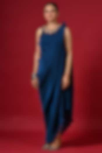 Blue Pleated Polyester Hand Embroidered Cocktail Dress With Drape by Kiran Uttam Ghosh at Pernia's Pop Up Shop