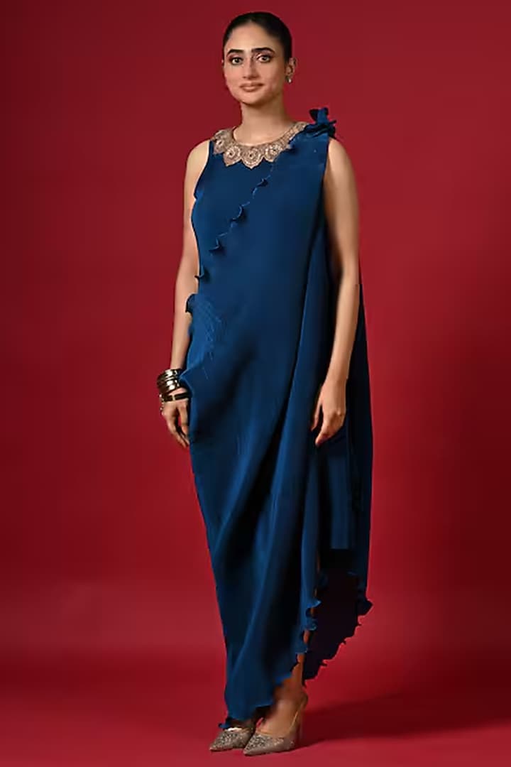 Blue Pleated Polyester Hand Embroidered Cocktail Dress With Drape by Kiran Uttam Ghosh at Pernia's Pop Up Shop