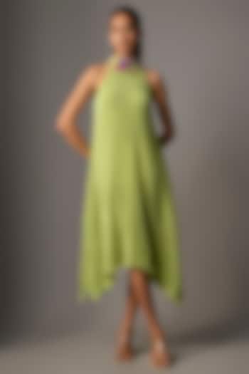 Lime Green Polyester Pleated Halter Vacation Dress by Kiran Uttam Ghosh at Pernia's Pop Up Shop