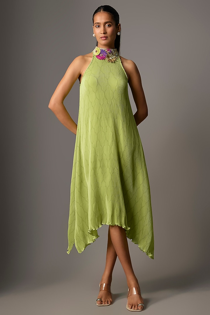 Lime Green Polyester Pleated Halter Vacation Dress by Kiran Uttam Ghosh at Pernia's Pop Up Shop