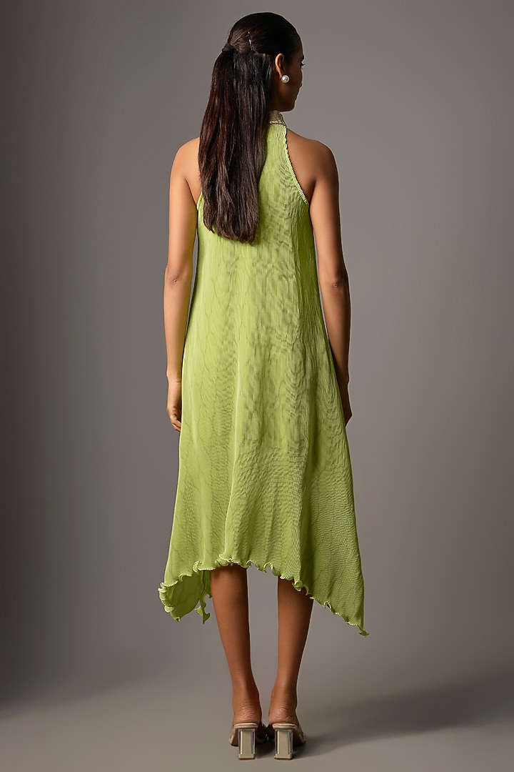 Lime Green Polyester Pleated Halter Vacation Dress by Kiran Uttam Ghosh at Pernia's Pop Up Shop