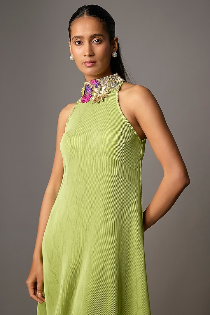 Lime Green Polyester Pleated Halter Vacation Dress by Kiran Uttam Ghosh at Pernia's Pop Up Shop
