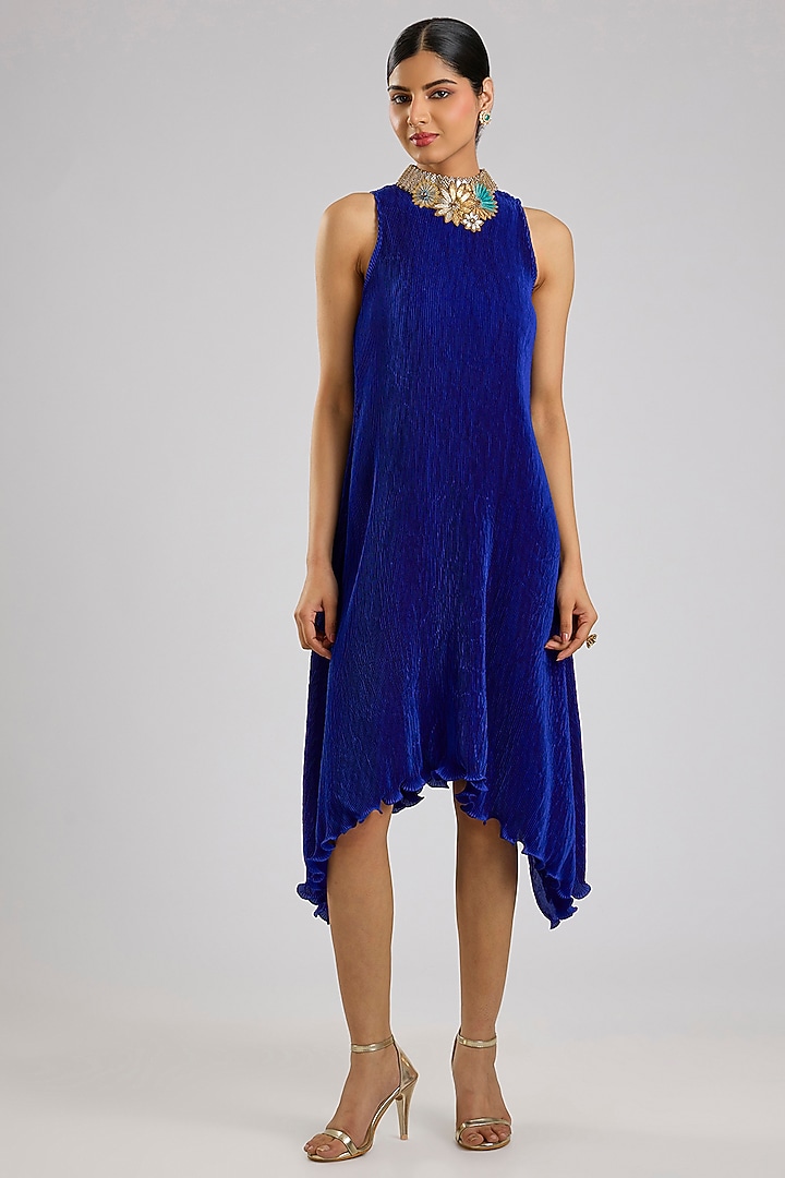 Indigo Pleated Polyester Viscose Vacation Dress by Kiran Uttam Ghosh at Pernia's Pop Up Shop