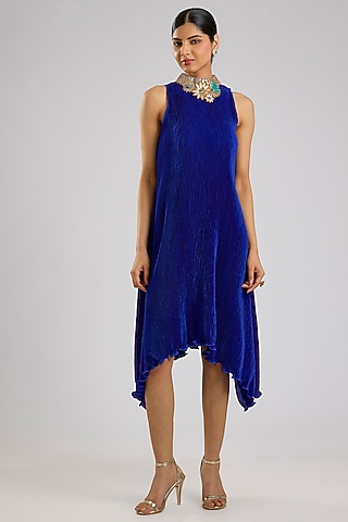 Indigo Pleated Polyester Viscose Dress by Kiran Uttam Ghosh