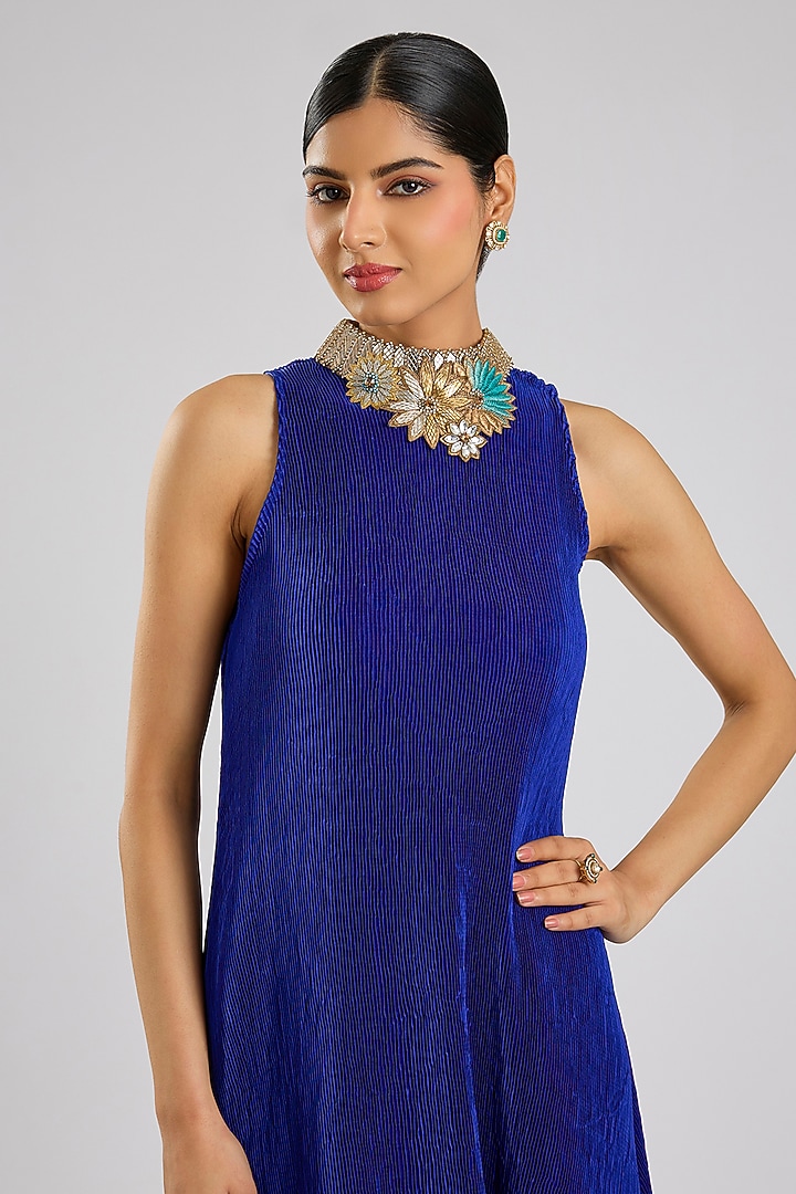 Indigo Pleated Polyester Viscose Vacation Dress by Kiran Uttam Ghosh at Pernia's Pop Up Shop