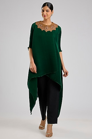 Emerald Pleated Polyester Viscose Wrap Tunic by Kiran Uttam Ghosh