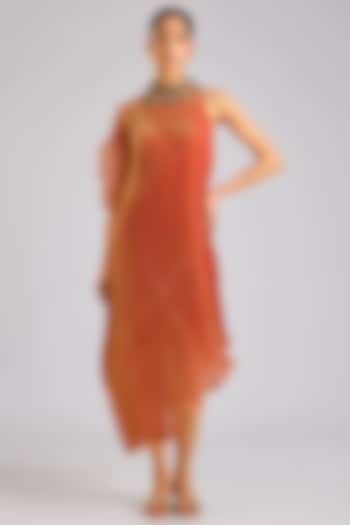 Soft Coral Polyester Cocktail Dress by Kiran Uttam Ghosh at Pernia's Pop Up Shop