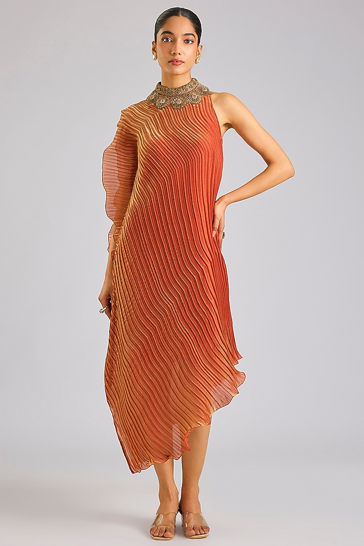 Soft Coral Polyester Cocktail Dress by Kiran Uttam Ghosh at Pernia's Pop Up Shop