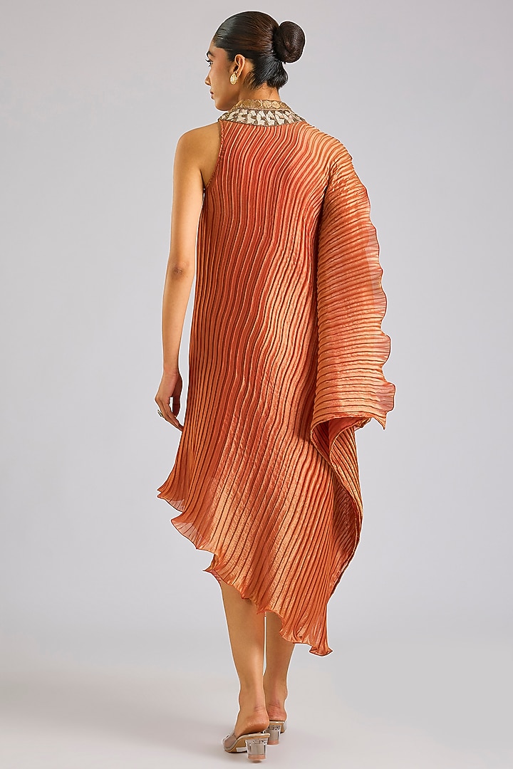 Soft Coral Polyester Cocktail Dress by Kiran Uttam Ghosh at Pernia's Pop Up Shop