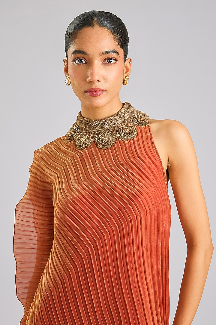 Soft Coral Polyester Cocktail Dress by Kiran Uttam Ghosh at Pernia's Pop Up Shop