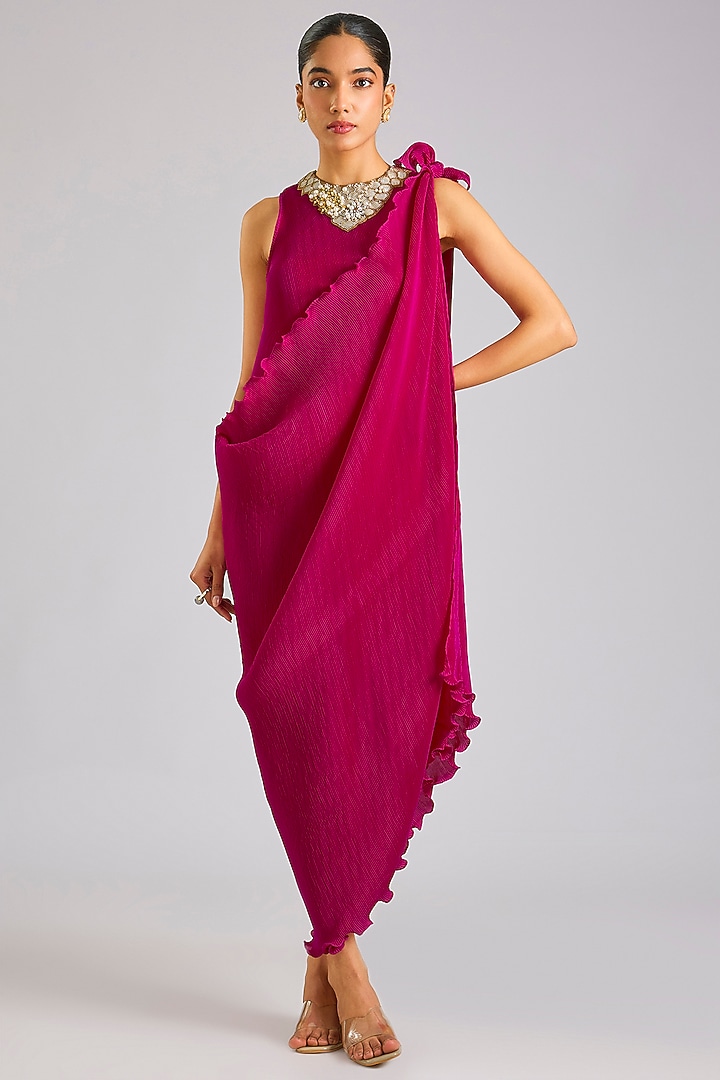 Magenta Pink Polyester Draped Cocktail Dress by Kiran Uttam Ghosh at Pernia's Pop Up Shop