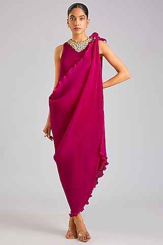 Magenta Pink Polyester Draped Dress by Kiran Uttam Ghosh