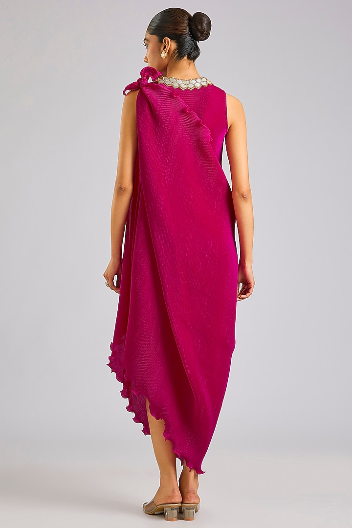 Magenta Pink Polyester Draped Cocktail Dress by Kiran Uttam Ghosh at Pernia's Pop Up Shop
