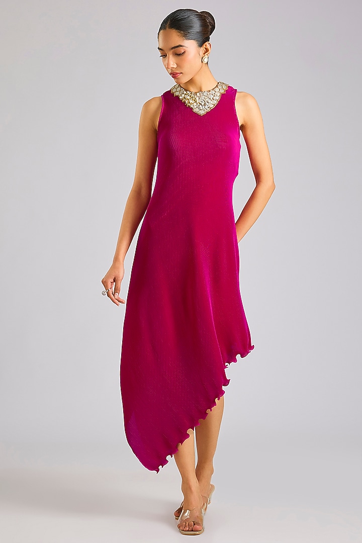 Magenta Pink Polyester Draped Cocktail Dress by Kiran Uttam Ghosh at Pernia's Pop Up Shop