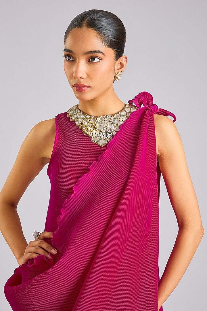 Magenta Pink Polyester Draped Cocktail Dress by Kiran Uttam Ghosh at Pernia's Pop Up Shop