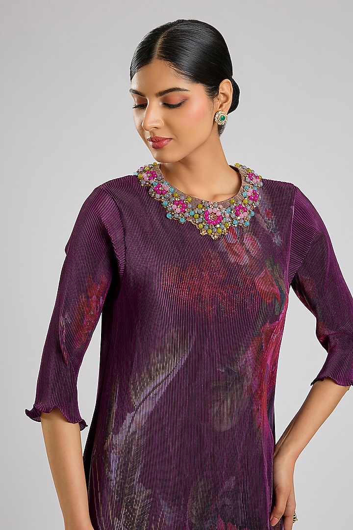 Blackberry Pleated Polyester Viscose Kurta by Kiran Uttam Ghosh at Pernia's Pop Up Shop