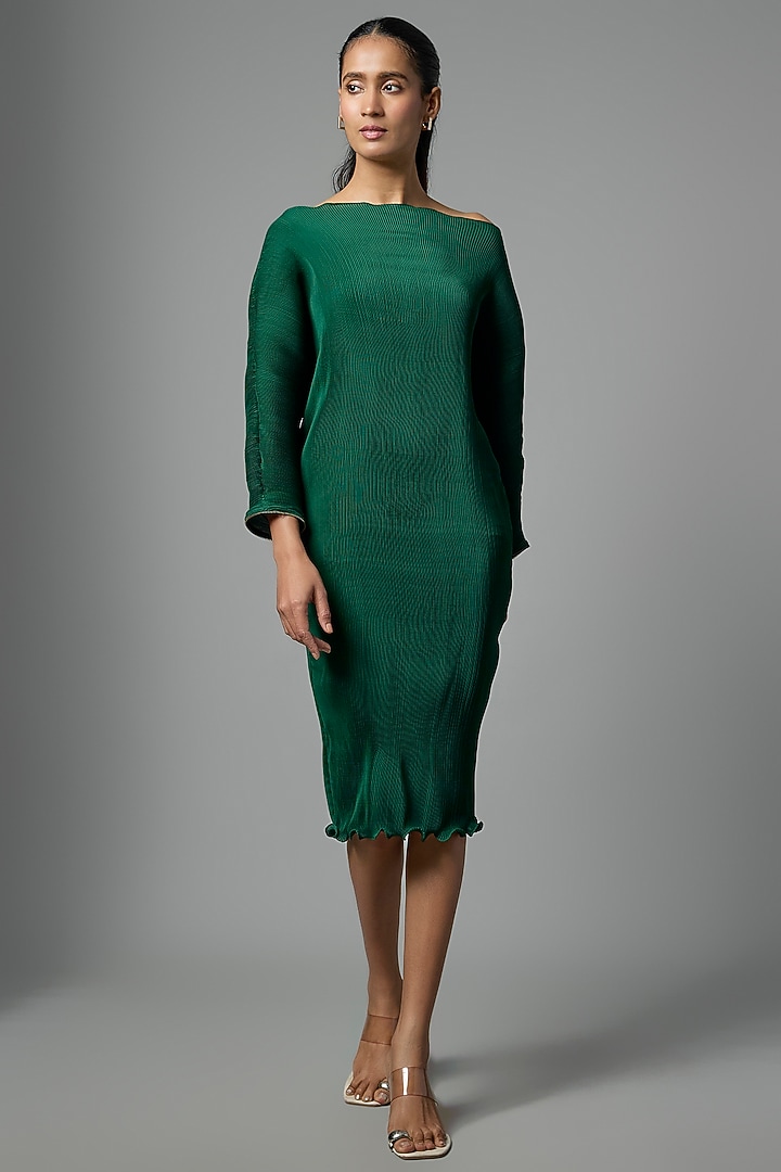 Emerald Green Pleated Polyester Vacation Dress by Kiran Uttam Ghosh at Pernia's Pop Up Shop