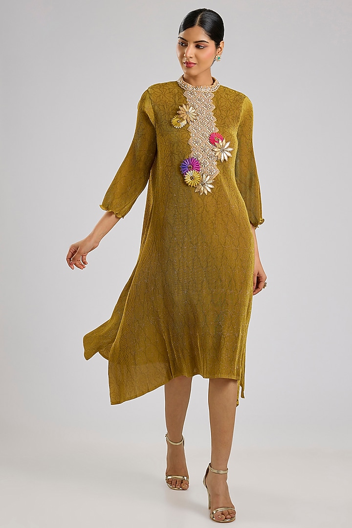 Mustard Pleated Polyester Viscose Kurta by Kiran Uttam Ghosh at Pernia's Pop Up Shop
