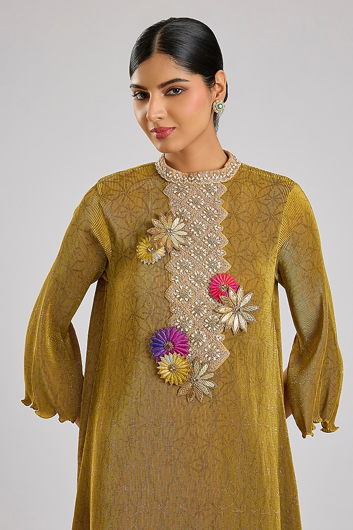 Mustard Pleated Polyester Viscose Kurta by Kiran Uttam Ghosh at Pernia's Pop Up Shop