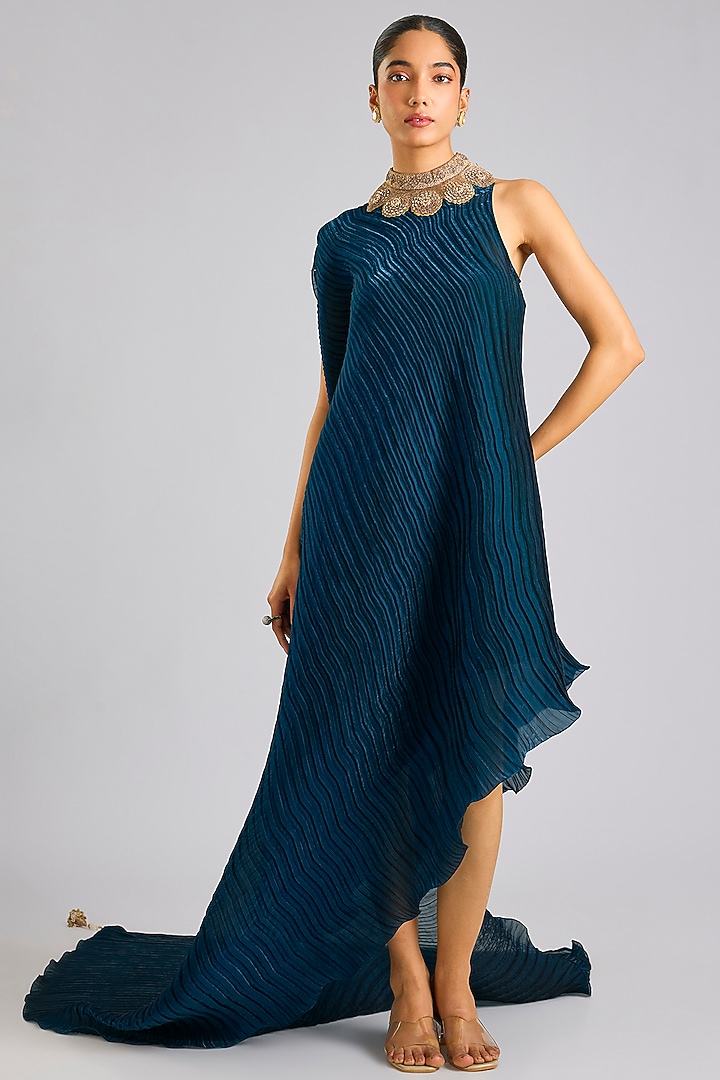 Navy Blue Polyester Cocktail Dress by Kiran Uttam Ghosh at Pernia's Pop Up Shop