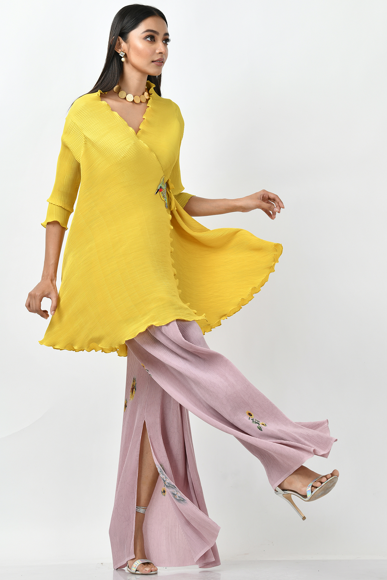 Yellow Pleated Polyester Wrap by Kiran Uttam Ghosh at Pernia's Pop Up Shop