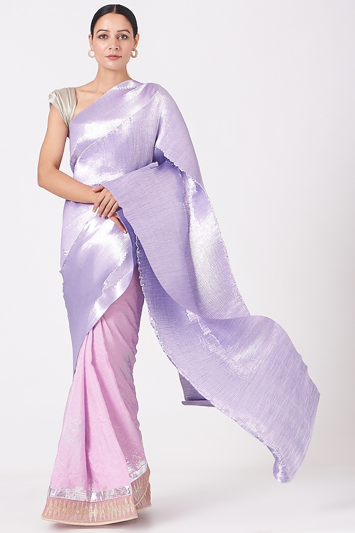 Lavender Metallic Saree Set by Kiran Uttam Ghosh