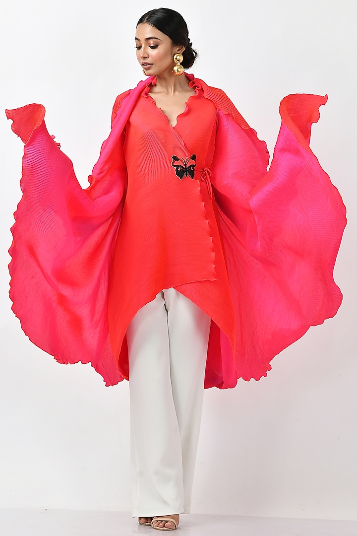 Fuchsia Pleated Polyester Angrakha Kurta by Kiran Uttam Ghosh