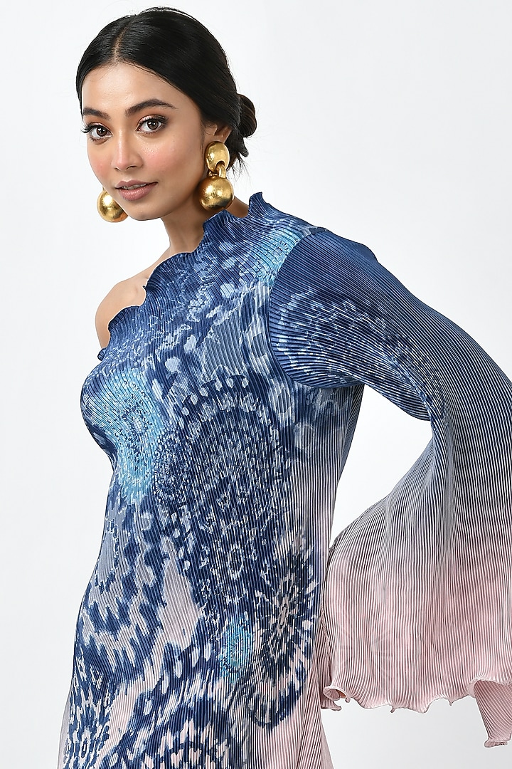 Pink & Blue Pleated Polyester Vacation Dress by Kiran Uttam Ghosh at Pernia's Pop Up Shop