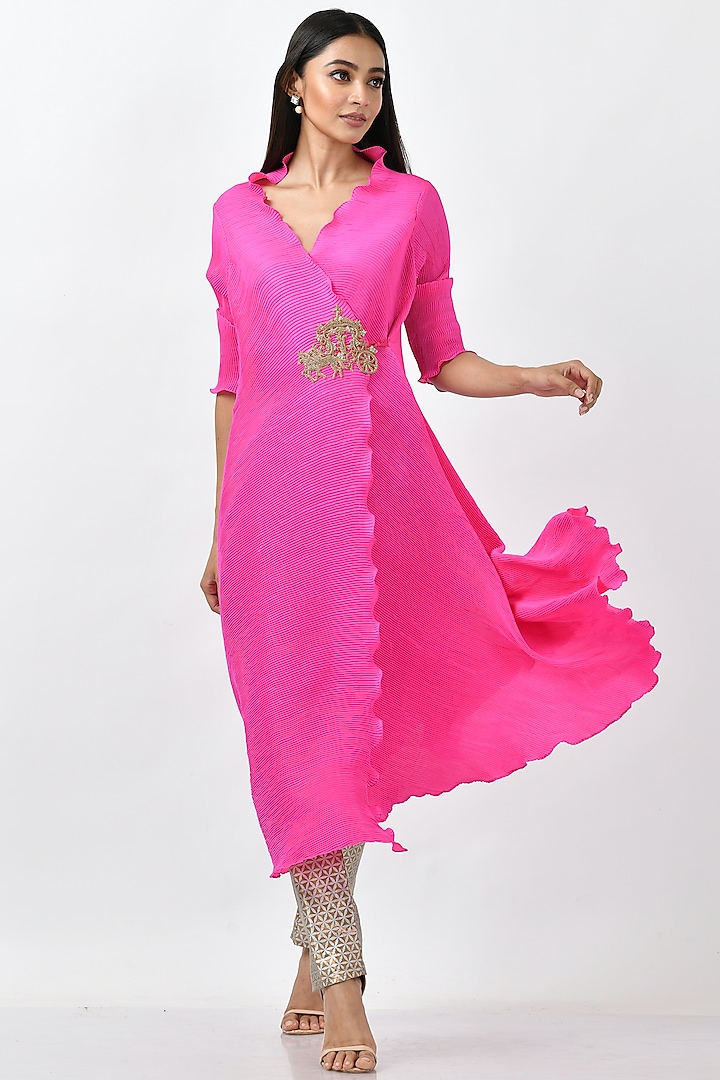 Bright Pink Angrakha Kurta by Kiran Uttam Ghosh