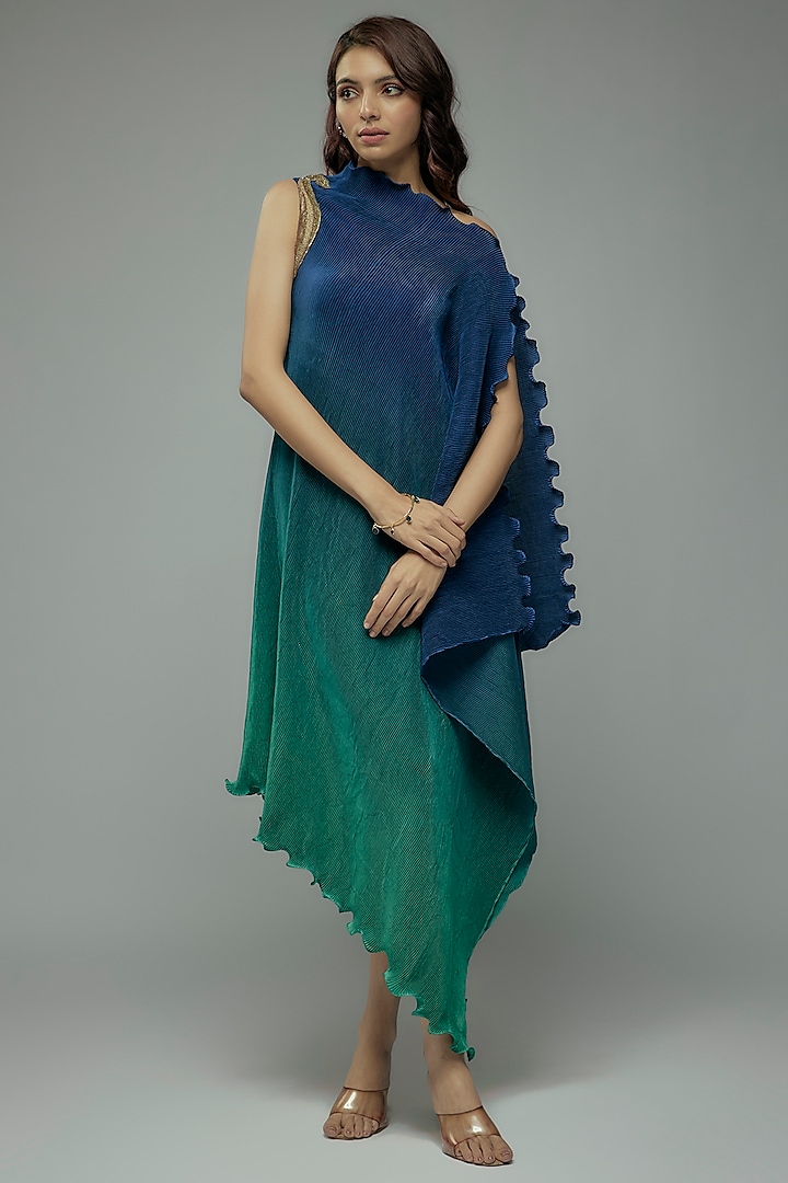 Blue & Green Ombre Pleated Polyester Boota Embroidered Tunic by Kiran Uttam Ghosh at Pernia's Pop Up Shop