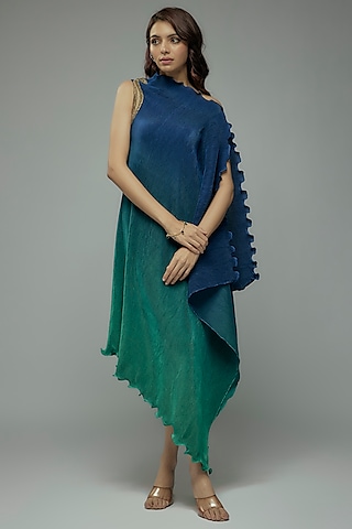 Blue & Green Ombre Pleated Polyester Boota Embroidered Tunic by Kiran Uttam Ghosh