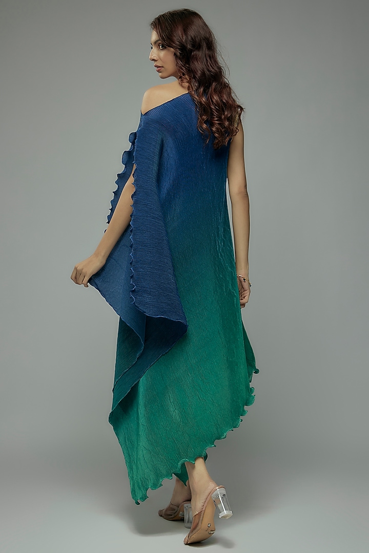 Blue & Green Ombre Pleated Polyester Boota Embroidered Tunic by Kiran Uttam Ghosh at Pernia's Pop Up Shop